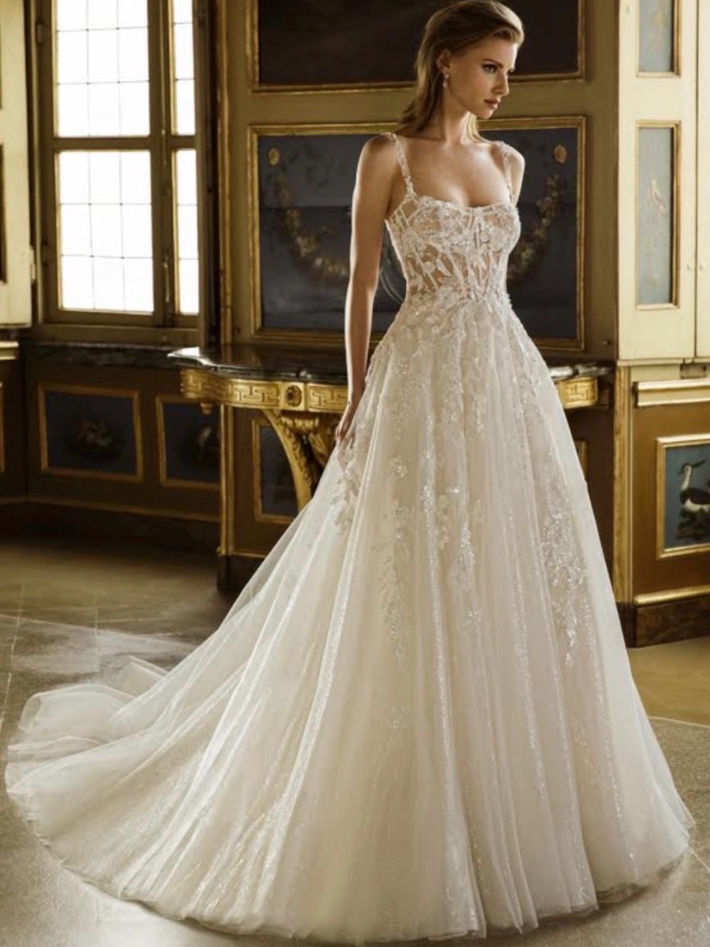Elegant White Lace Ballgown Wedding Dress with Sheer Bodice